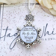 Load image into Gallery viewer, First Christmas as Married Couple Mr & Mrs Snowflake Photo Personalised Christmas Bauble Double Sided Decoration Ornament Snow Flake 2024