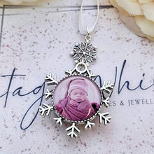 Load image into Gallery viewer, Baby's First Christmas Personalised Snowflake Photo Christmas Bauble Baby Double Sided Glass Decoration Ornament Snow Flake Bauble 2024