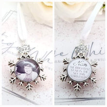 Load image into Gallery viewer, Christmas Memorial Decoration Photo Snowflake Bauble Double Sided Ornament Remembrance Charm Snow Flake Memory Bauble Silver Glass Loved One
