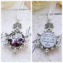 Load image into Gallery viewer, First Christmas as Married Couple Mr & Mrs Snowflake Photo Personalised Christmas Bauble Double Sided Decoration Ornament Snow Flake 2024