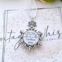 Load image into Gallery viewer, First Christmas as Married Couple Mr & Mrs Snowflake Photo Personalised Christmas Bauble Double Sided Decoration Ornament Snow Flake 2024