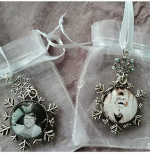 Load image into Gallery viewer, Christmas Memorial Decoration Photo Snowflake Bauble Double Sided Ornament Remembrance Charm Snow Flake Memory Bauble Silver Glass Loved One