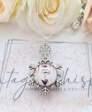 Load image into Gallery viewer, Christmas Memorial Decoration Photo Snowflake Bauble Double Sided Ornament Remembrance Charm Snow Flake Memory Bauble Silver Glass Loved One