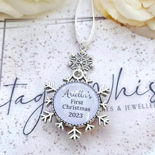 Load image into Gallery viewer, Baby's First Christmas Personalised Snowflake Photo Christmas Bauble Baby Double Sided Glass Decoration Ornament Snow Flake Bauble 2024
