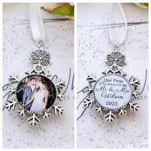 Load image into Gallery viewer, First Christmas as Married Couple Mr & Mrs Snowflake Photo Personalised Christmas Bauble Double Sided Decoration Ornament Snow Flake 2024