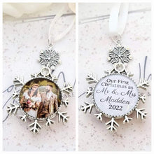 Load image into Gallery viewer, First Christmas as Married Couple Mr & Mrs Snowflake Photo Personalised Christmas Bauble Double Sided Decoration Ornament Snow Flake 2024