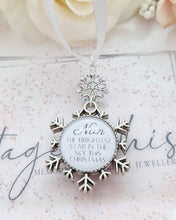 Load image into Gallery viewer, Personalised Christmas Photo Decoration Snowflake Bauble Single Sided Ornament with Photo and Names Charm Silver Snow Flake Keepsake Family