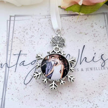 Load image into Gallery viewer, First Christmas as Married Couple Mr & Mrs Snowflake Photo Personalised Christmas Bauble Double Sided Decoration Ornament Snow Flake 2024