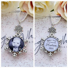 Load image into Gallery viewer, Baby's First Christmas Personalised Snowflake Photo Christmas Bauble Baby Double Sided Glass Decoration Ornament Snow Flake Bauble 2024