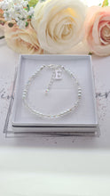 Load image into Gallery viewer, Dainty White Pearl and Clear Crystal Wedding Bracelet Personalised with Initial Letter Charm