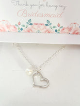 Load image into Gallery viewer, Bridesmaid Silver Plated Heart Charm Bracelet with Coloured Glass Pearl Drop
