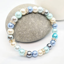 Load image into Gallery viewer, 'Sea Breeze' Beautiful Blue, Grey & Ivory Glass Pearl and Rhinestone Elasticated Bracelet