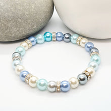 Load image into Gallery viewer, 'Sea Breeze' Beautiful Blue, Grey & Ivory Glass Pearl and Rhinestone Elasticated Bracelet