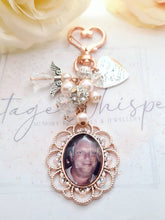 Load image into Gallery viewer, Rose Gold Lace Edge Rhinestone Single Photo Bouquet Charm With Beaded Cluster