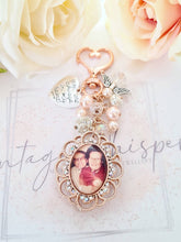 Load image into Gallery viewer, Rose Gold Lace Edge Rhinestone Double Sided Photo Bouquet Charm With Beaded Cluster