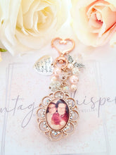Load image into Gallery viewer, Rose Gold Lace Edge Rhinestone Double Sided Photo Bouquet Charm With Beaded Cluster