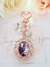 Load image into Gallery viewer, Rose Gold Lace Edge Rhinestone Double Sided Photo Bouquet Charm With Beaded Cluster