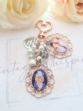 Load image into Gallery viewer, Rose Gold Lace Edge Rhinestone Double Photo Bouquet Charm With Beaded Cluster