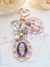 Load image into Gallery viewer, Rose Gold Lace Edge Rhinestone Double Photo Bouquet Charm With Beaded Cluster