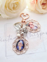 Load image into Gallery viewer, Rose Gold Lace Edge Rhinestone Double Photo Bouquet Charm With Beaded Cluster