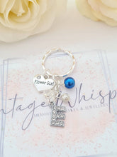 Load image into Gallery viewer, FLOWER GIRL Personalised Rhinestone Initial Heart Key Ring Charm