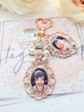 Load image into Gallery viewer, Rose Gold Lace Edge Rhinestone Double Photo Bouquet Charm With Beaded Cluster