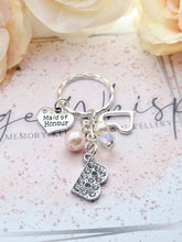 Load image into Gallery viewer, MAID OF HONOUR Personalised Rhinestone Initial Heart Key Ring Charm