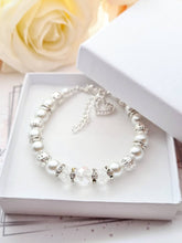 Load image into Gallery viewer, White Pearl, Glass Crystal & Rhinestone Beaded Adjustable Silver Plated Bracelet with Heart Charm