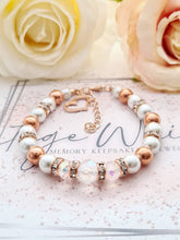 Load image into Gallery viewer, White Pearl, Clear Glass Crystal & Rhinestone Beaded Adjustable Rose Gold Bracelet with Heart Charm