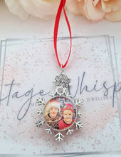 Load image into Gallery viewer, Personalised Christmas Photo Decoration Snowflake Bauble Double Sided Ornament with Photo and Names Charm Silver Snow Flake Keepsake Family
