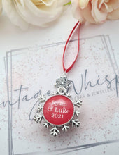 Load image into Gallery viewer, Personalised Christmas Photo Decoration Snowflake Bauble Double Sided Ornament with Photo and Names Charm Silver Snow Flake Keepsake Family
