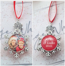 Load image into Gallery viewer, Personalised Christmas Photo Decoration Snowflake Bauble Double Sided Ornament with Photo and Names Charm Silver Snow Flake Keepsake Family
