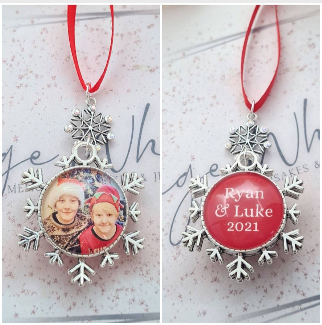 Personalised Christmas Photo Decoration Snowflake Bauble Double Sided Ornament with Photo and Names Charm Silver Snow Flake Keepsake Family