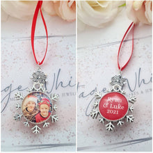 Load image into Gallery viewer, Personalised Christmas Photo Decoration Snowflake Bauble Double Sided Ornament with Photo and Names Charm Silver Snow Flake Keepsake Family
