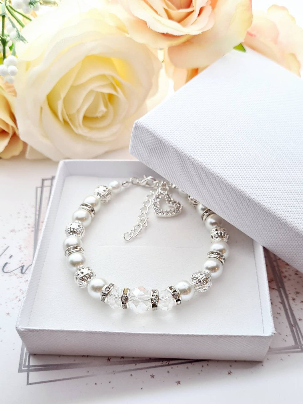 White Pearl, Glass Crystal & Rhinestone Beaded Adjustable Silver Plated Bracelet with Heart Charm