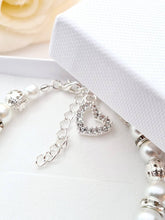 Load image into Gallery viewer, White Pearl, Glass Crystal &amp; Rhinestone Beaded Adjustable Silver Plated Bracelet with Heart Charm
