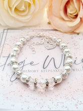 Load image into Gallery viewer, White Pearl, Glass Crystal &amp; Rhinestone Beaded Adjustable Silver Plated Bracelet with Heart Charm
