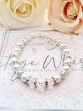 Load image into Gallery viewer, White Pearl, Glass Crystal &amp; Rhinestone Beaded Adjustable Silver Plated Bracelet with Heart Charm
