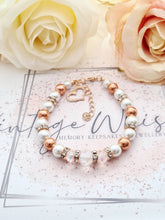 Load image into Gallery viewer, White Pearl, Clear Glass Crystal &amp; Rhinestone Beaded Adjustable Rose Gold Bracelet with Heart Charm
