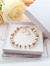 Load image into Gallery viewer, White Pearl, Clear Glass Crystal &amp; Rhinestone Beaded Adjustable Rose Gold Bracelet with Heart Charm
